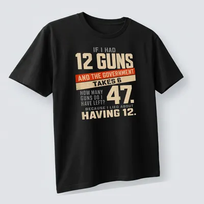 Bold typography t-shirt with humorous gun ownership statement in cream, red, and gray — printed on a unisex t-shirt (angled view)