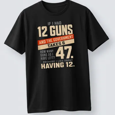 Bold typography t-shirt with humorous gun ownership statement in cream, red, and gray