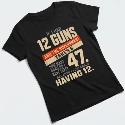 Bold typography t-shirt with humorous gun ownership statement in cream, red, and gray — printed on a women's shirt