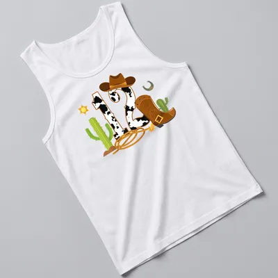 Colorful cartoon cowboy elements with a large '12' for birthdays — printed on a tank top