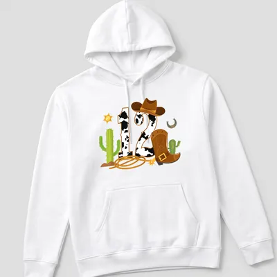 Colorful cartoon cowboy elements with a large '12' for birthdays — printed on a unisex hoodie