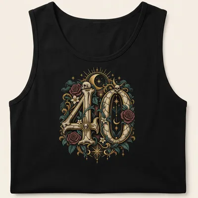 Gothic styled tarot card design featuring bones for a 40th birthday. — printed on a tank top