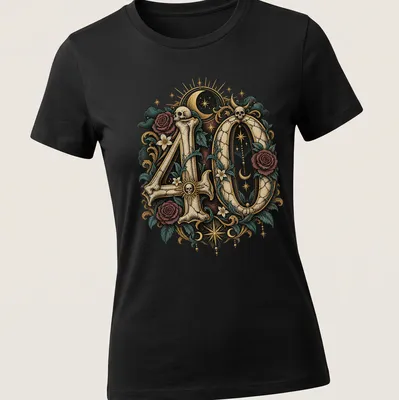 Gothic styled tarot card design featuring bones for a 40th birthday. — printed on a women's shirt