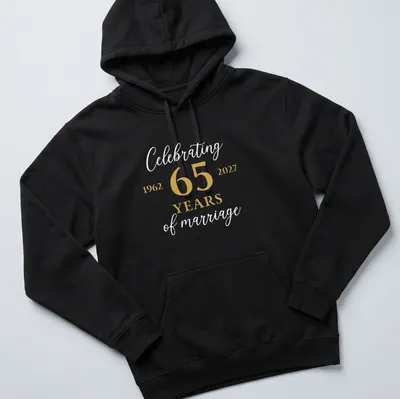 Elegant script shirt celebrating 65 years of marriage with gold and white text — printed on a unisex hoodie