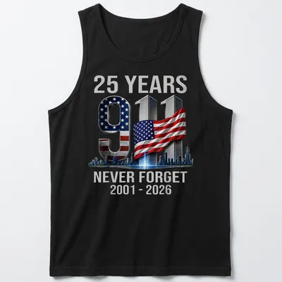 Bold graphic T-shirt commemorating 25 years since 9/11 with a strong message — printed on a tank top
