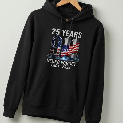Bold graphic T-shirt commemorating 25 years since 9/11 with a strong message — printed on a unisex hoodie