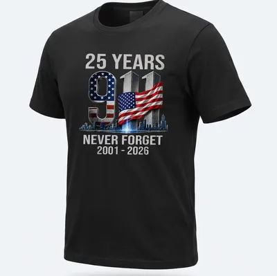 Bold graphic T-shirt commemorating 25 years since 9/11 with a strong message