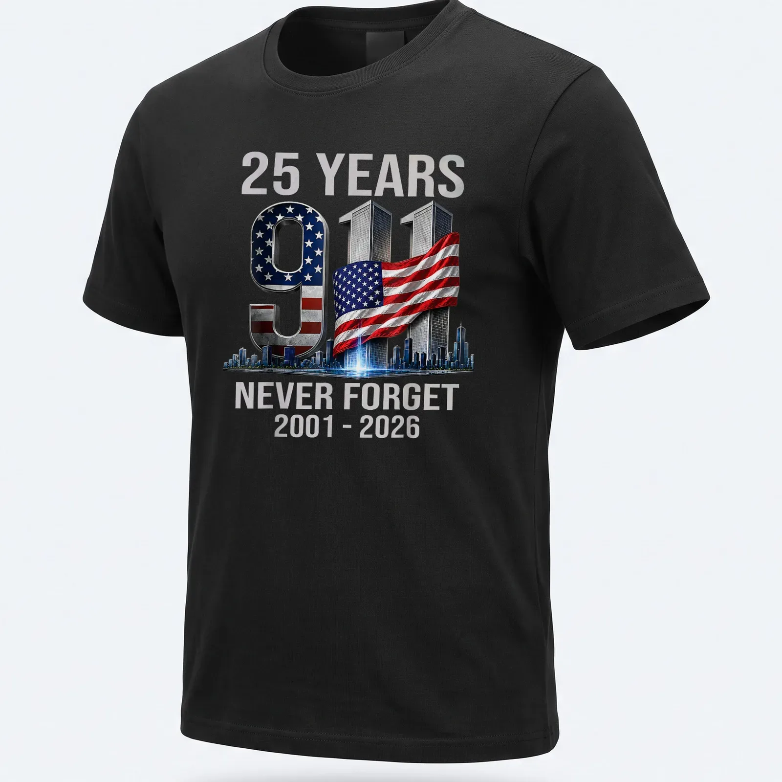 Bold graphic T-shirt commemorating 25 years since 9/11 with a strong message — printed on a unisex t-shirt