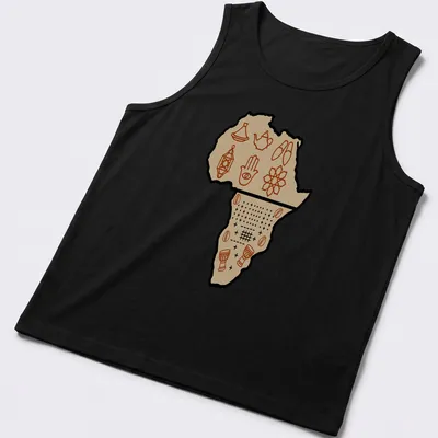 Line-art design of Africa map with cultural symbols in brown and beige — printed on a tank top