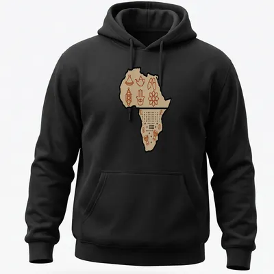 Line-art design of Africa map with cultural symbols in brown and beige — printed on a unisex hoodie