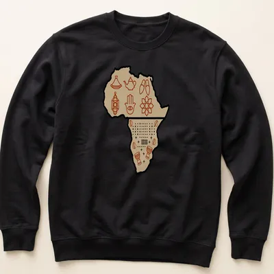 Line-art design of Africa map with cultural symbols in brown and beige — printed on a unisex sweatshirt