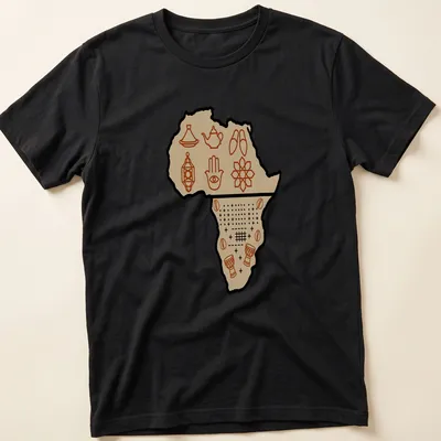 Line-art design of Africa map with cultural symbols in brown and beige