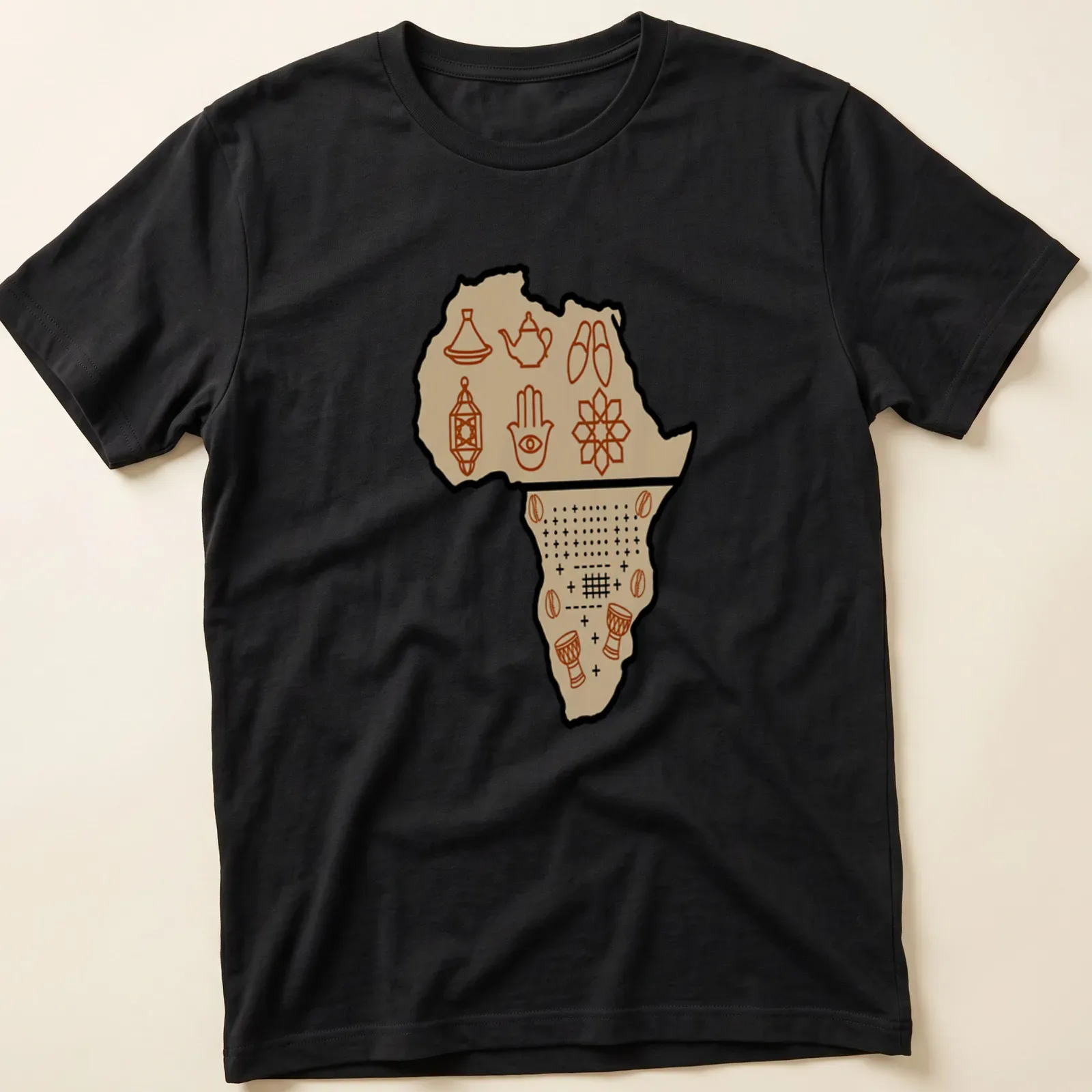 Line-art design of Africa map with cultural symbols in brown and beige — printed on a unisex t-shirt