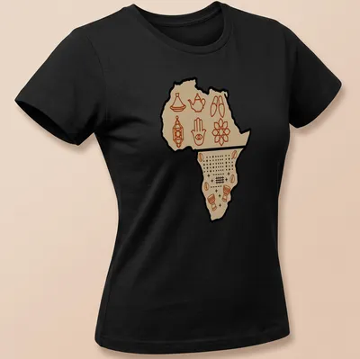 Line-art design of Africa map with cultural symbols in brown and beige — printed on a women's shirt