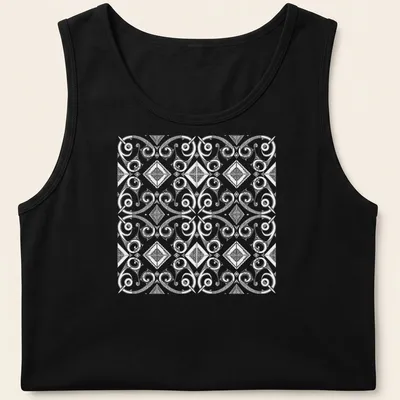 Black and white T-shirt featuring intricate African cultural patterns in geometric designs — printed on a tank top
