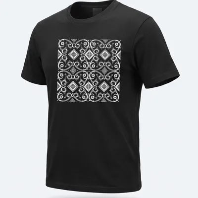 Black and white T-shirt featuring intricate African cultural patterns in geometric designs