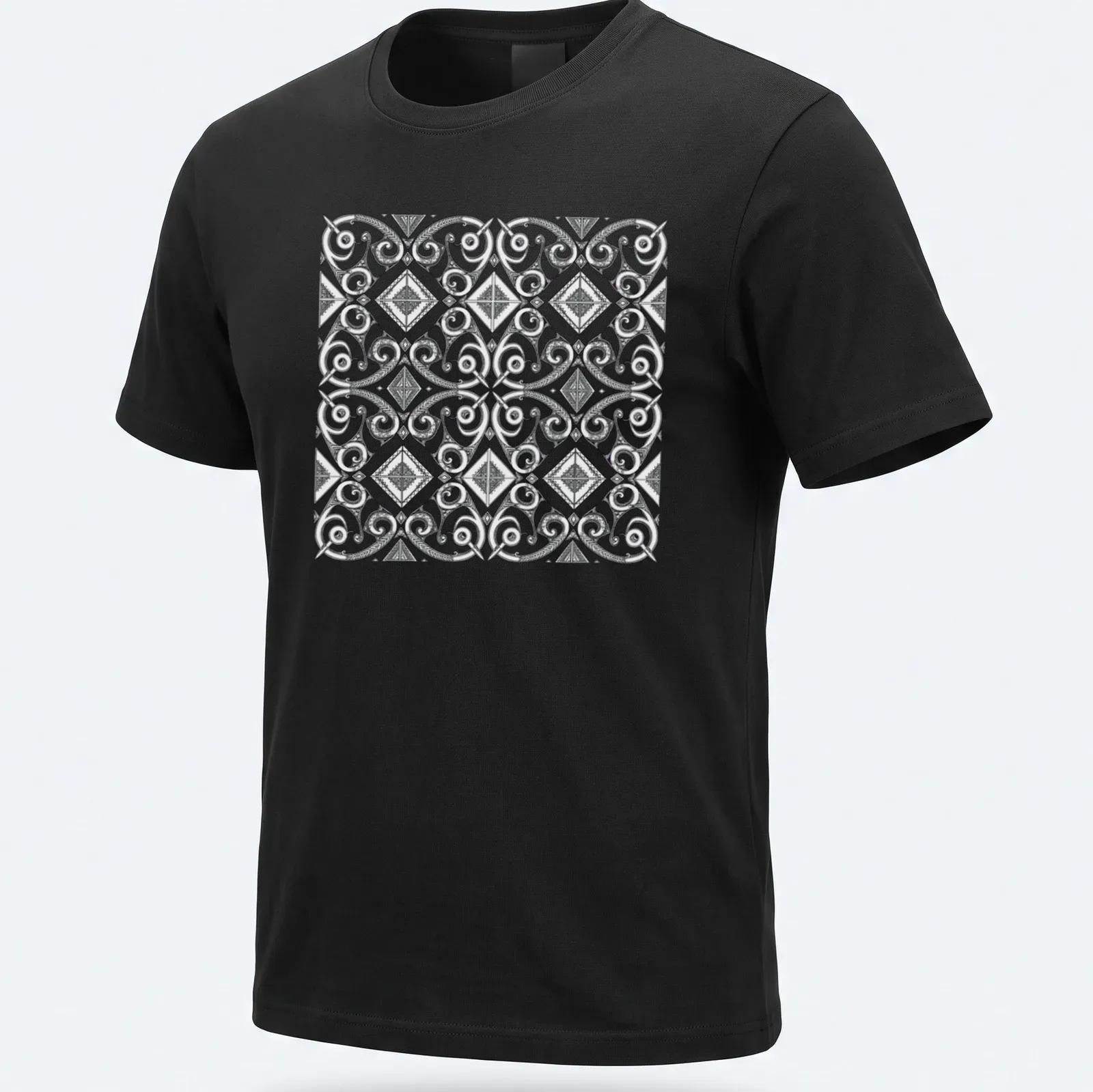 Black and white T-shirt featuring intricate African cultural patterns in geometric designs — printed on a unisex t-shirt