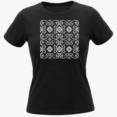 Black and white T-shirt featuring intricate African cultural patterns in geometric designs — printed on a women's shirt