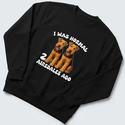 Realistic illustration of two Airedale dogs with humorous text about dog ownership. — printed on a unisex sweatshirt