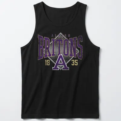 Heritage block lettering of Albion Britons in purple, gold, and white — printed on a tank top