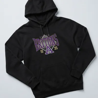 Heritage block lettering of Albion Britons in purple, gold, and white — printed on a unisex hoodie