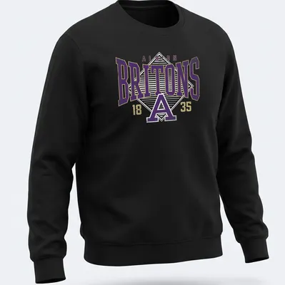 Heritage block lettering of Albion Britons in purple, gold, and white — printed on a unisex sweatshirt