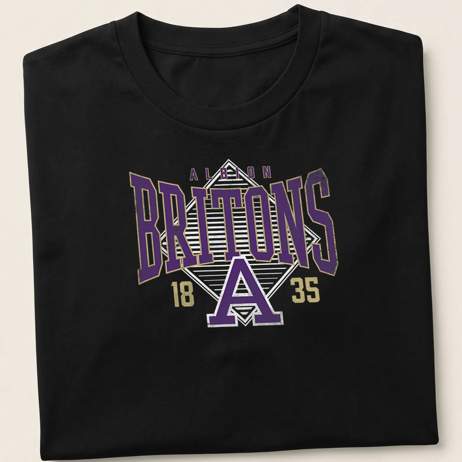 Heritage block lettering of Albion Britons in purple, gold, and white — printed on a unisex t-shirt
