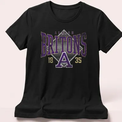 Heritage block lettering of Albion Britons in purple, gold, and white — printed on a women's shirt