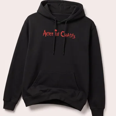 Bold lettering t-shirt featuring the band name Alice In Chains in red — printed on a unisex hoodie