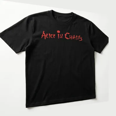 Bold lettering t-shirt featuring the band name Alice In Chains in red — printed on a unisex t-shirt (angled view)