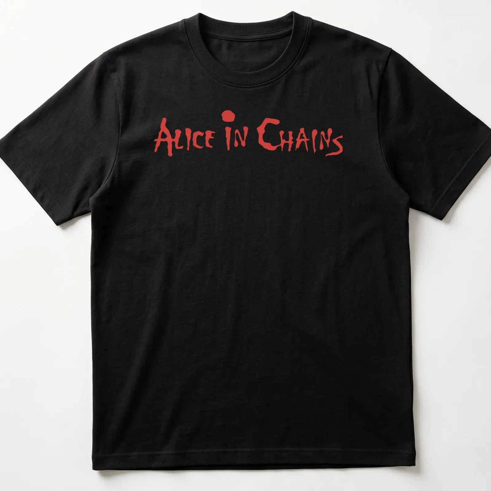Bold lettering t-shirt featuring the band name Alice In Chains in red — printed on a unisex t-shirt