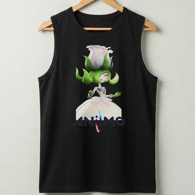 3D digital illustration of a character with a flower head and vibrant colors. — printed on a tank top