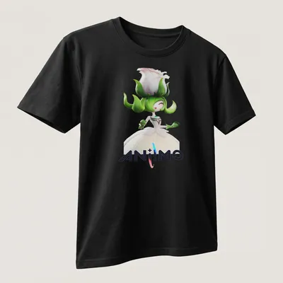 3D digital illustration of a character with a flower head and vibrant colors. — printed on a unisex t-shirt (angled view)
