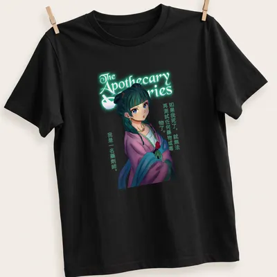 Anime-style Apothecary Maiden t-shirt with colorful potion imagery and text
