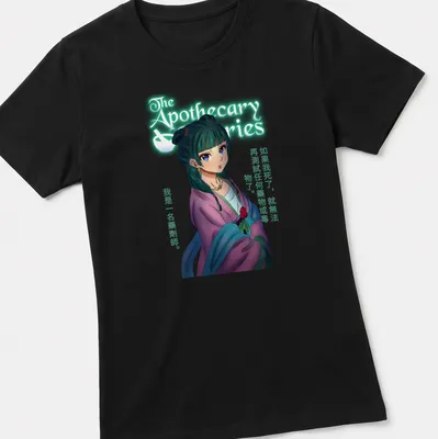 Anime-style Apothecary Maiden t-shirt with colorful potion imagery and text — printed on a women's shirt