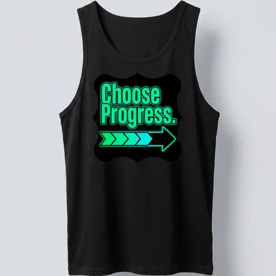 Modern neon graphic tee featuring an arrow and the text Choose Progress. — printed on a tank top