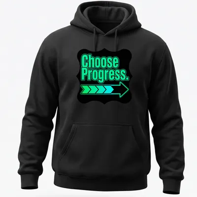 Modern neon graphic tee featuring an arrow and the text Choose Progress. — printed on a unisex hoodie