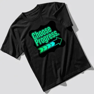 Modern neon graphic tee featuring an arrow and the text Choose Progress.