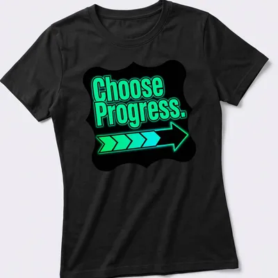 Modern neon graphic tee featuring an arrow and the text Choose Progress. — printed on a women's shirt