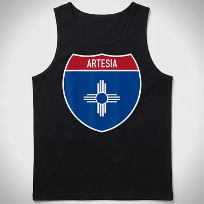 Bold graphic T-shirt featuring Arteisa highway sign in blue, red, and white — printed on a tank top