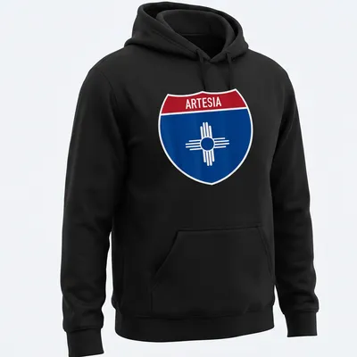 Bold graphic T-shirt featuring Arteisa highway sign in blue, red, and white — printed on a unisex hoodie