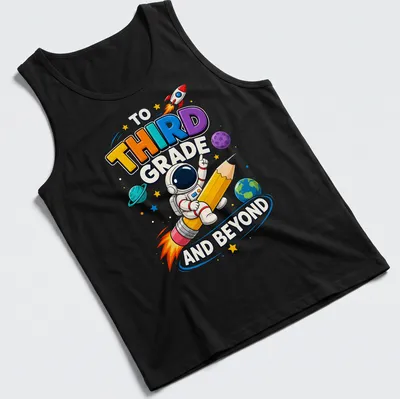 Colorful cartoon astronaut riding a giant pencil with playful text above — printed on a tank top