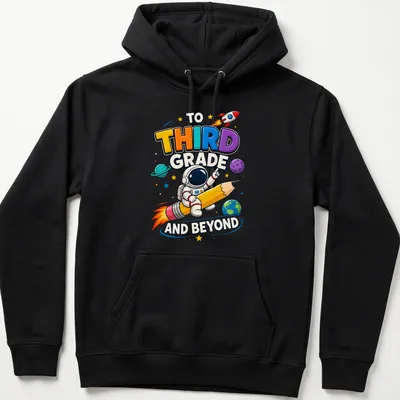 Colorful cartoon astronaut riding a giant pencil with playful text above — printed on a unisex hoodie