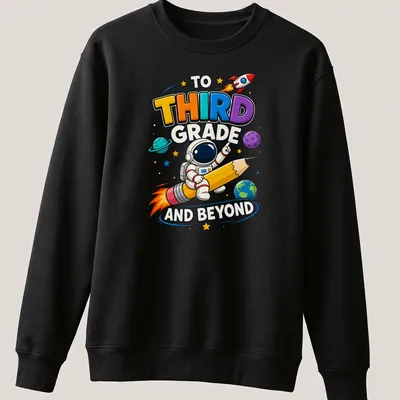 Colorful cartoon astronaut riding a giant pencil with playful text above — printed on a unisex sweatshirt