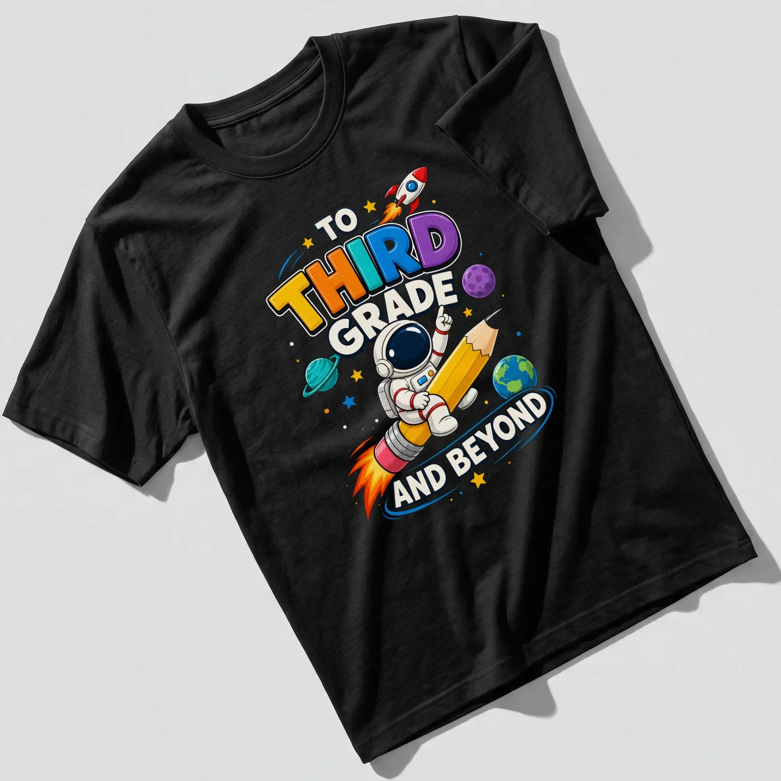 Colorful cartoon astronaut riding a giant pencil with playful text above — printed on a unisex t-shirt