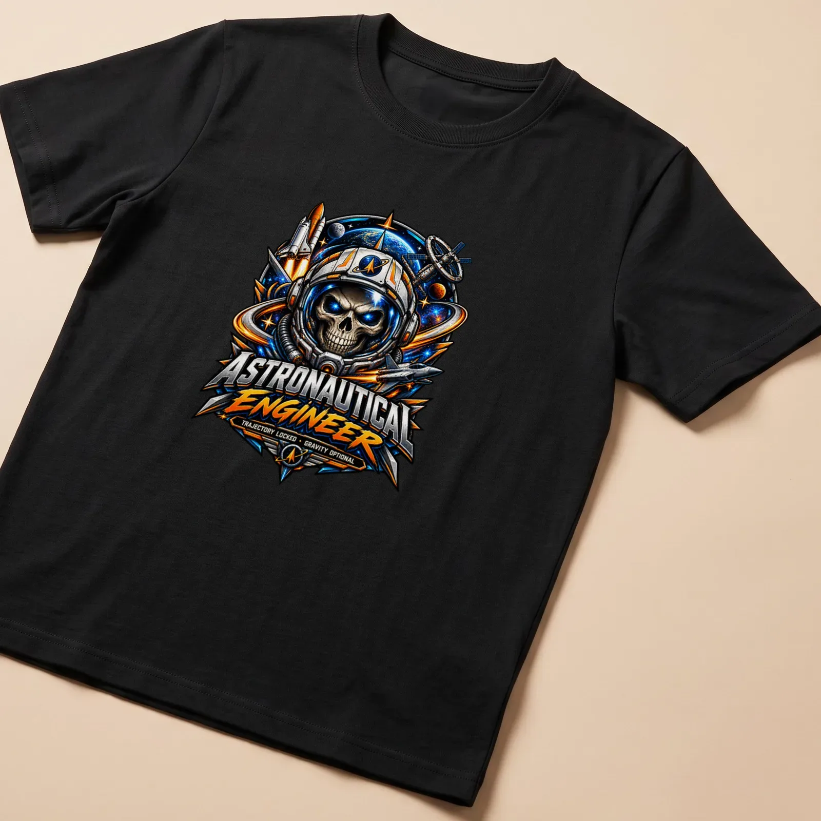 Astronaut skull graphic with vibrant colors and detailed design. — printed on a unisex t-shirt