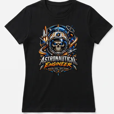 Astronaut skull graphic with vibrant colors and detailed design. — printed on a women's shirt