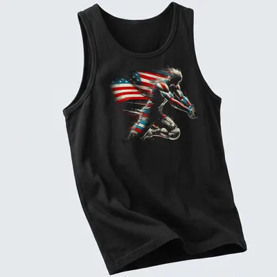 Dynamic abstract print of an athlete with American flag colors — printed on a tank top