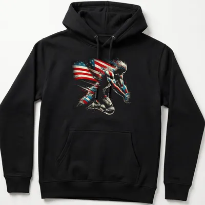 Dynamic abstract print of an athlete with American flag colors — printed on a unisex hoodie