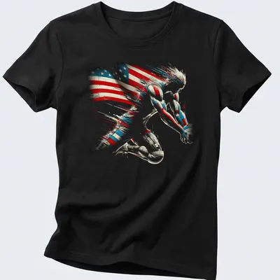 Dynamic abstract print of an athlete with American flag colors — printed on a women's shirt
